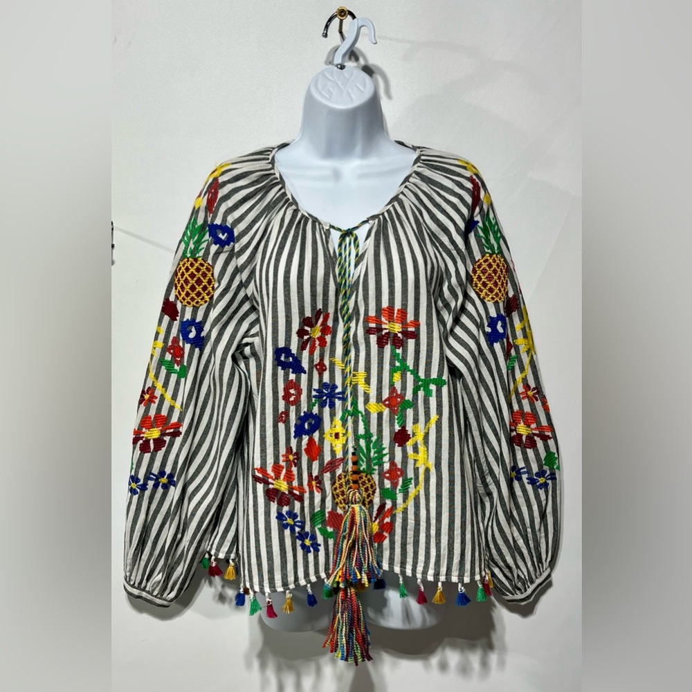 Stellah Anthropologie Striped Multicolor Floral Embroidered Top Size Small
